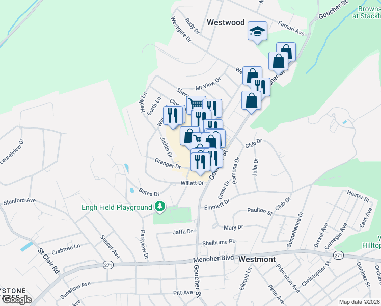 map of restaurants, bars, coffee shops, grocery stores, and more near 1910 Minno Drive in Johnstown