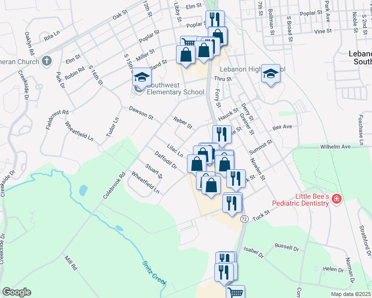 map of restaurants, bars, coffee shops, grocery stores, and more near 480 Greentree Village in Lebanon
