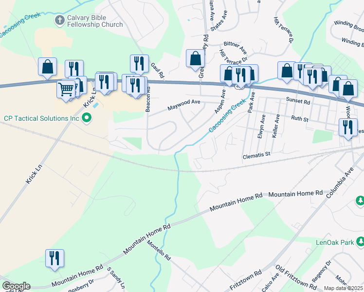 map of restaurants, bars, coffee shops, grocery stores, and more near 122 Aspen Avenue in Sinking Spring