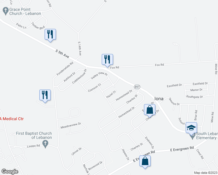 map of restaurants, bars, coffee shops, grocery stores, and more near 261 Crosswind Way in Lebanon