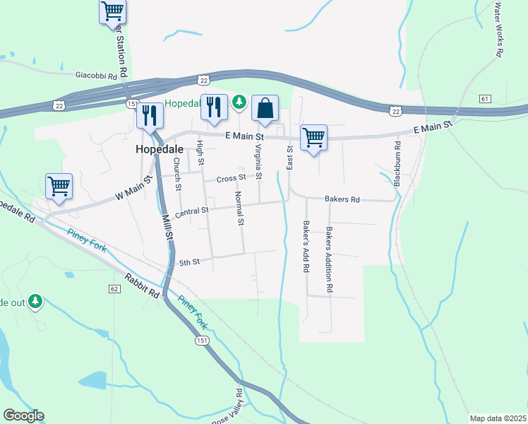 map of restaurants, bars, coffee shops, grocery stores, and more near 501-539 Virginia St in Hopedale