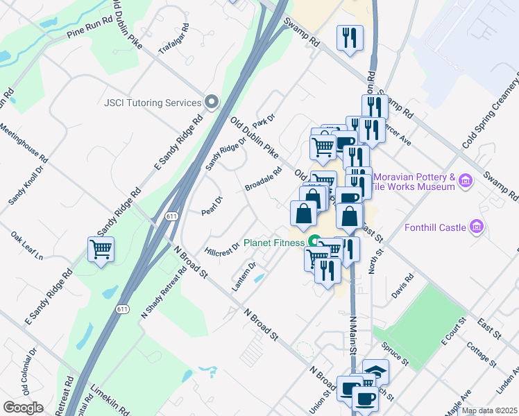 map of restaurants, bars, coffee shops, grocery stores, and more near 209 Murray Drive in Doylestown