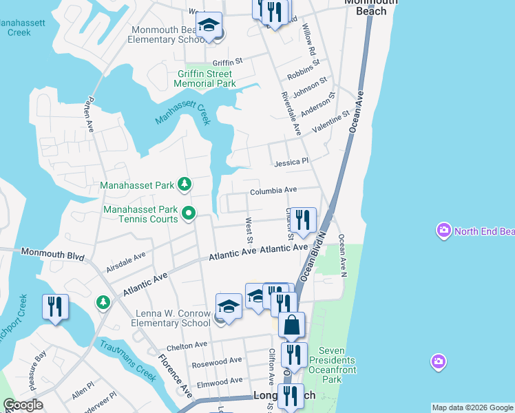 map of restaurants, bars, coffee shops, grocery stores, and more near 80 Columbia Avenue in Long Branch