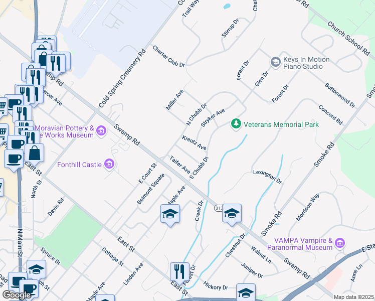 map of restaurants, bars, coffee shops, grocery stores, and more near 123 McConnell Street in Doylestown