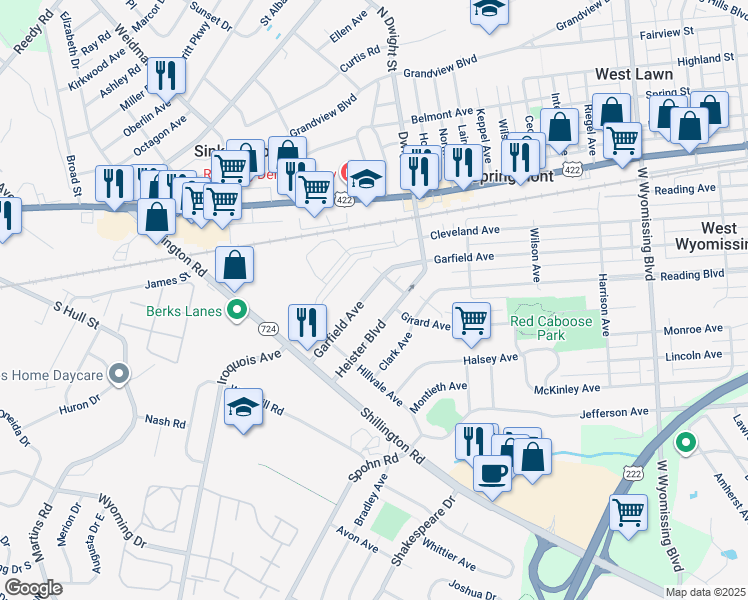 map of restaurants, bars, coffee shops, grocery stores, and more near 2806 Garfield Avenue in West Lawn
