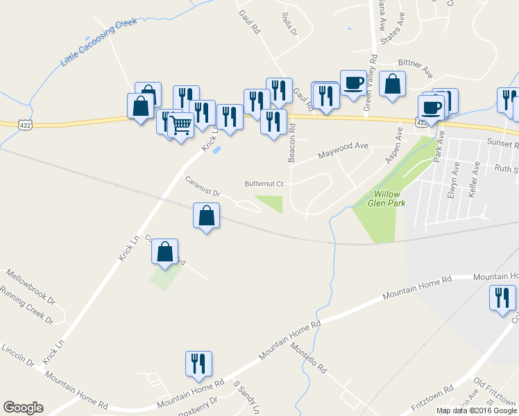map of restaurants, bars, coffee shops, grocery stores, and more near 711 Caramist Drive in Sinking Spring