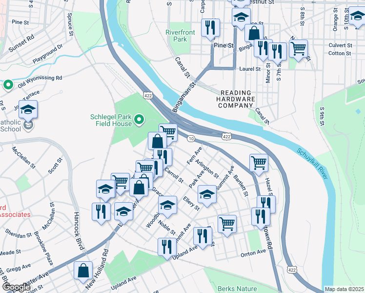 map of restaurants, bars, coffee shops, grocery stores, and more near 35 Arlington Street in Reading
