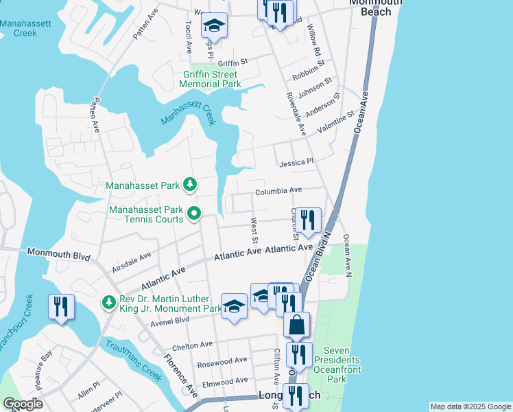 map of restaurants, bars, coffee shops, grocery stores, and more near 520 West Street in Long Branch