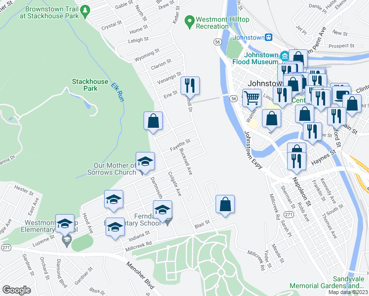 map of restaurants, bars, coffee shops, grocery stores, and more near 145 Fayette Street in Johnstown