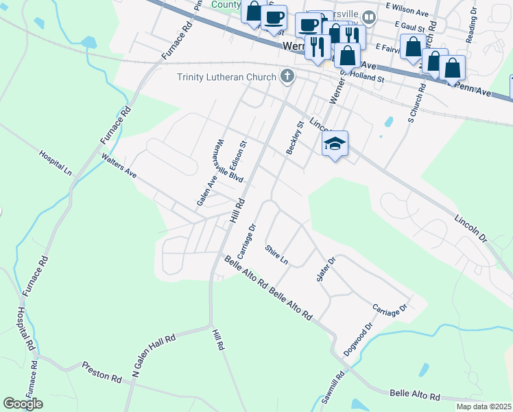 map of restaurants, bars, coffee shops, grocery stores, and more near 22 Carriage Drive in Wernersville