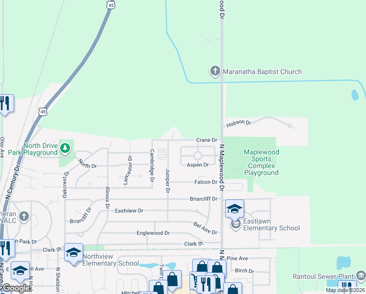 map of restaurants, bars, coffee shops, grocery stores, and more near 1105 Crane Avenue in Rantoul