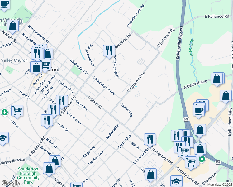 map of restaurants, bars, coffee shops, grocery stores, and more near 415 Edgewood Drive in Telford