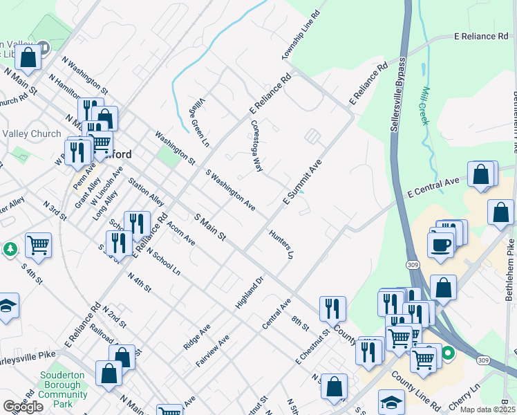 map of restaurants, bars, coffee shops, grocery stores, and more near 415 Edgewood Drive in Telford
