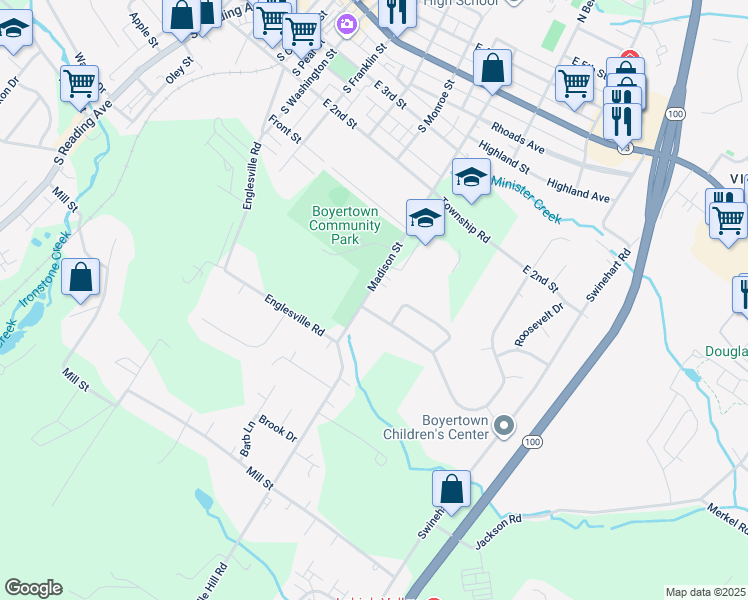 map of restaurants, bars, coffee shops, grocery stores, and more near South Madison Street in Boyertown