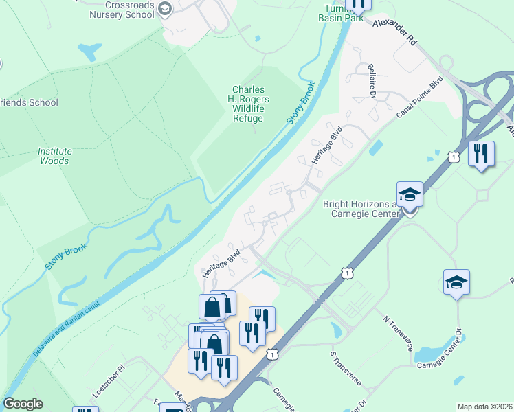 map of restaurants, bars, coffee shops, grocery stores, and more near 302 Trinity Court in Princeton