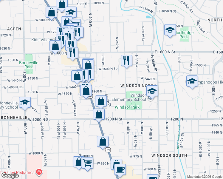 map of restaurants, bars, coffee shops, grocery stores, and more near 287 West 1380 North Street in Orem