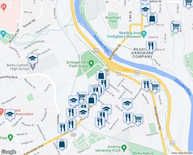 map of restaurants, bars, coffee shops, grocery stores, and more near 218 Gregg Avenue in Reading