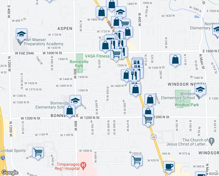 map of restaurants, bars, coffee shops, grocery stores, and more near 597 West 1400 North in Orem