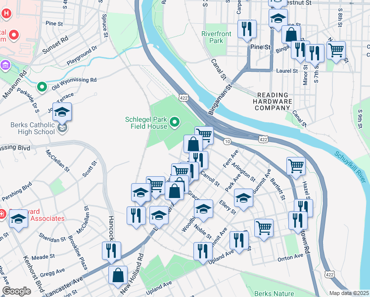 map of restaurants, bars, coffee shops, grocery stores, and more near 218 Gregg Avenue in Reading