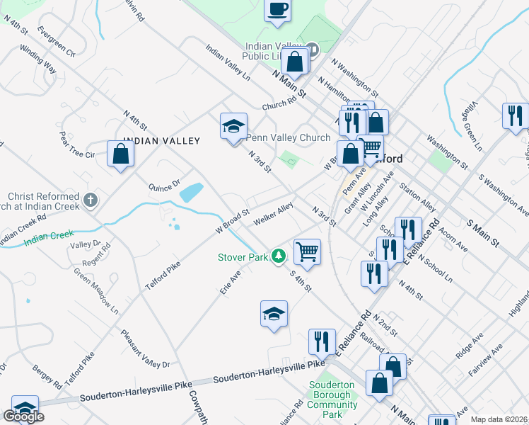 map of restaurants, bars, coffee shops, grocery stores, and more near 381 West Broad Street in Telford