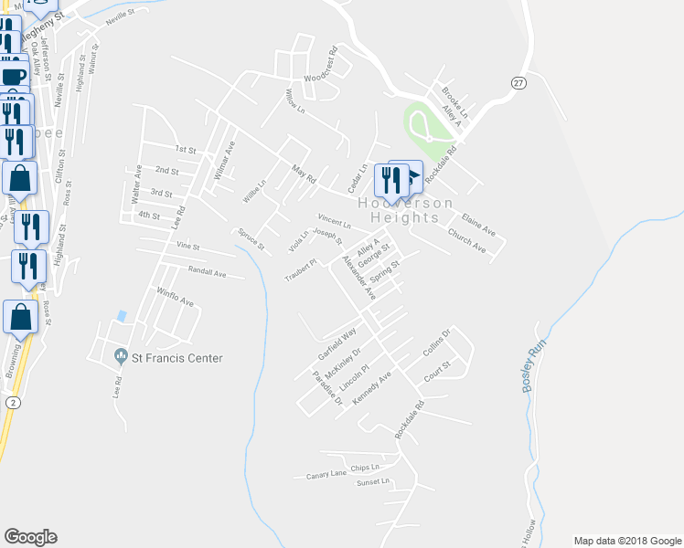 map of restaurants, bars, coffee shops, grocery stores, and more near 227 Rockdale Road in Follansbee