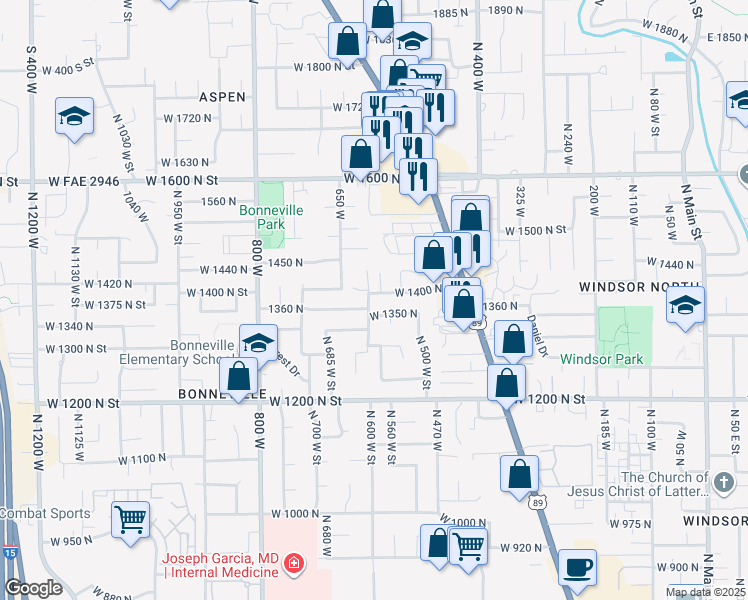 map of restaurants, bars, coffee shops, grocery stores, and more near 597 West 1400 North in Orem
