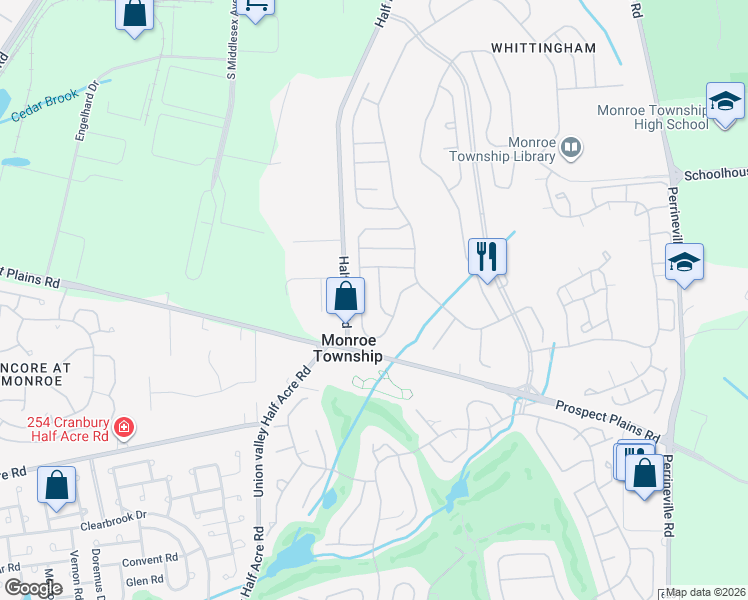 map of restaurants, bars, coffee shops, grocery stores, and more near 19 Waverly Place in Monroe Township