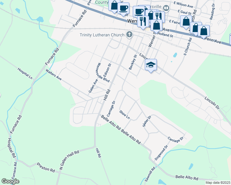 map of restaurants, bars, coffee shops, grocery stores, and more near 22 Carriage Drive in Wernersville