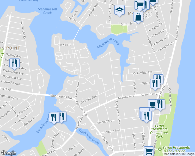 map of restaurants, bars, coffee shops, grocery stores, and more near 59 Shore Drive in Long Branch