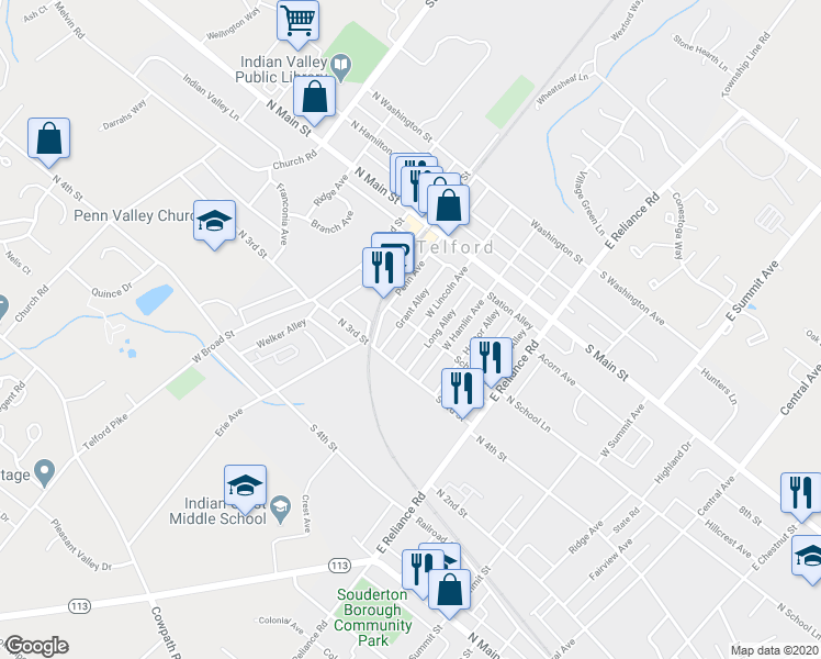 map of restaurants, bars, coffee shops, grocery stores, and more near 203 West Lincoln Avenue in Telford