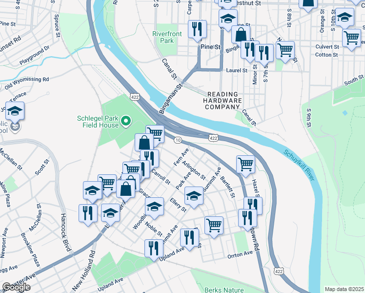 map of restaurants, bars, coffee shops, grocery stores, and more near 70 Morgantown Road in Reading