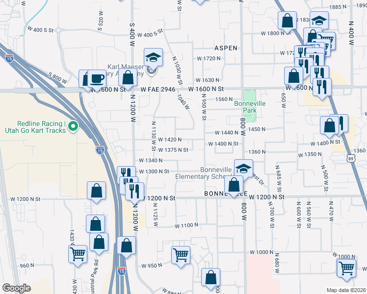 map of restaurants, bars, coffee shops, grocery stores, and more near 1028 West 1375 North Street in Orem