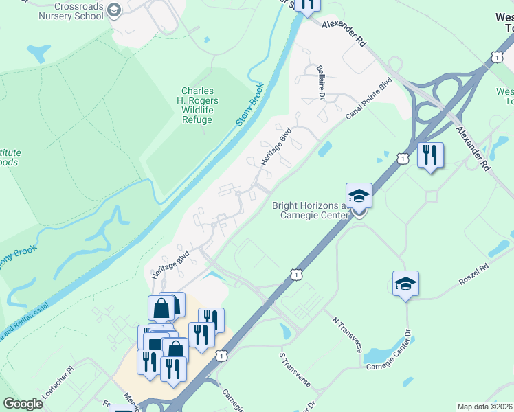 map of restaurants, bars, coffee shops, grocery stores, and more near 101 Claridge Court in Princeton