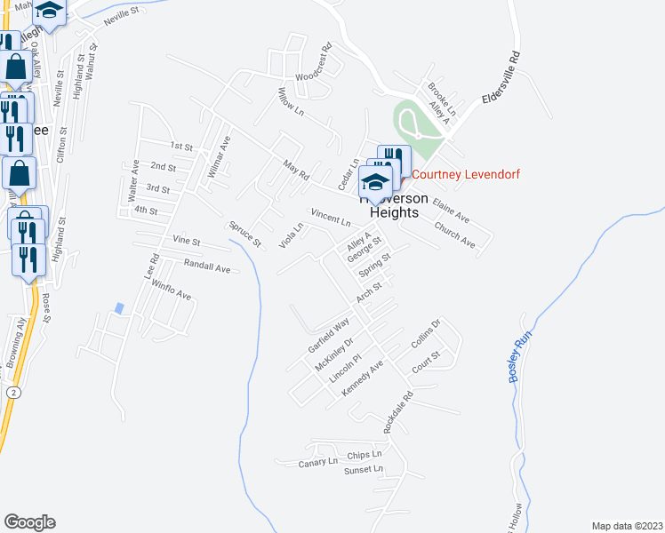 map of restaurants, bars, coffee shops, grocery stores, and more near 327 Rockdale Road in Follansbee