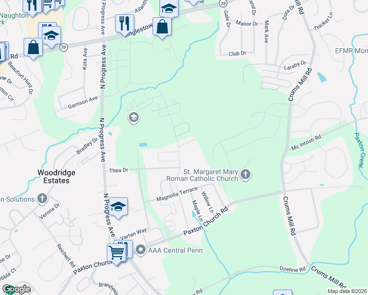 map of restaurants, bars, coffee shops, grocery stores, and more near 2525 Oakwood Lane in Harrisburg
