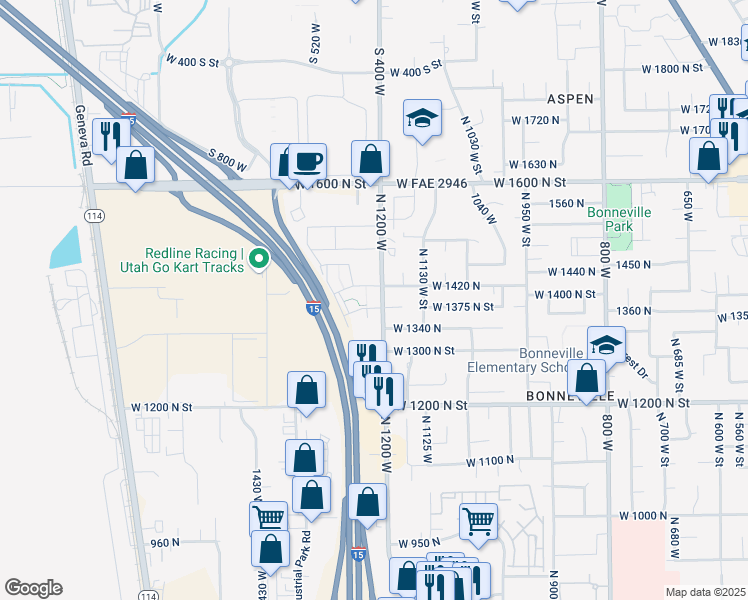 map of restaurants, bars, coffee shops, grocery stores, and more near 1410 1200 West in Orem