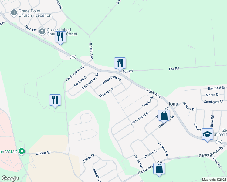map of restaurants, bars, coffee shops, grocery stores, and more near 261 Crimson Court in Lebanon