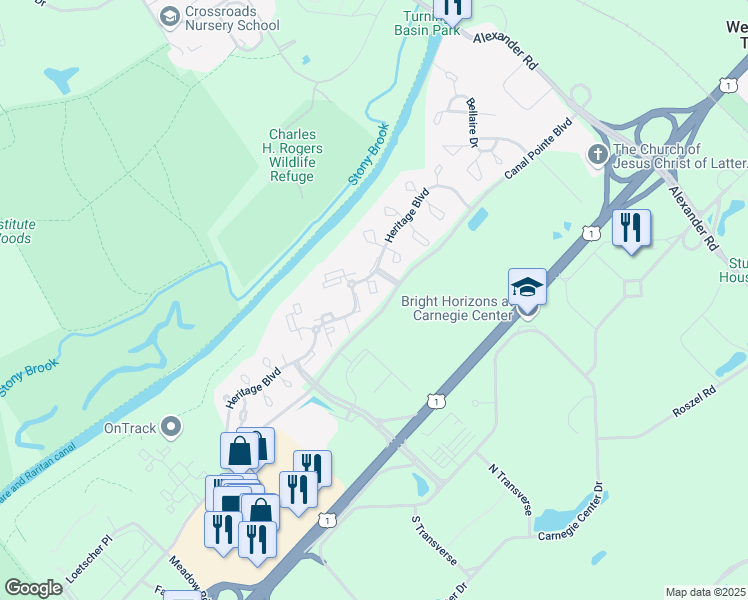 map of restaurants, bars, coffee shops, grocery stores, and more near 101 Claridge Court in Princeton