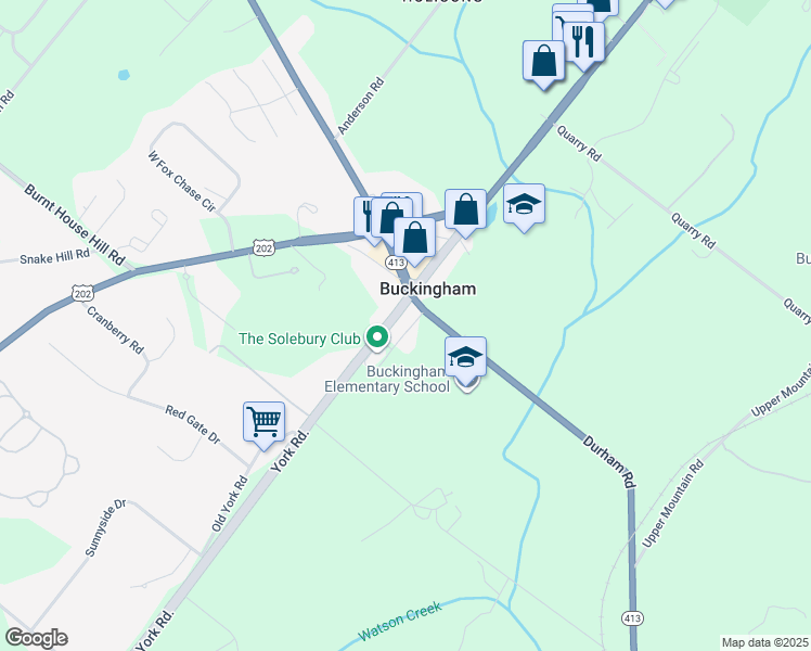 map of restaurants, bars, coffee shops, grocery stores, and more near 4672 York Road in Doylestown
