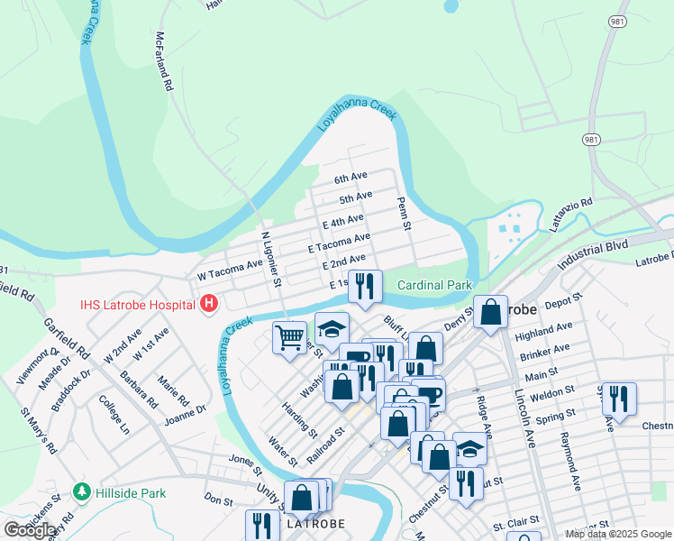 map of restaurants, bars, coffee shops, grocery stores, and more near 112 East 2nd Avenue in Latrobe