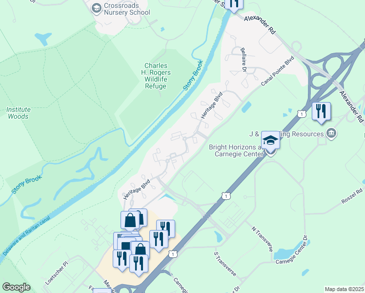map of restaurants, bars, coffee shops, grocery stores, and more near 104 Heritage Boulevard in Princeton