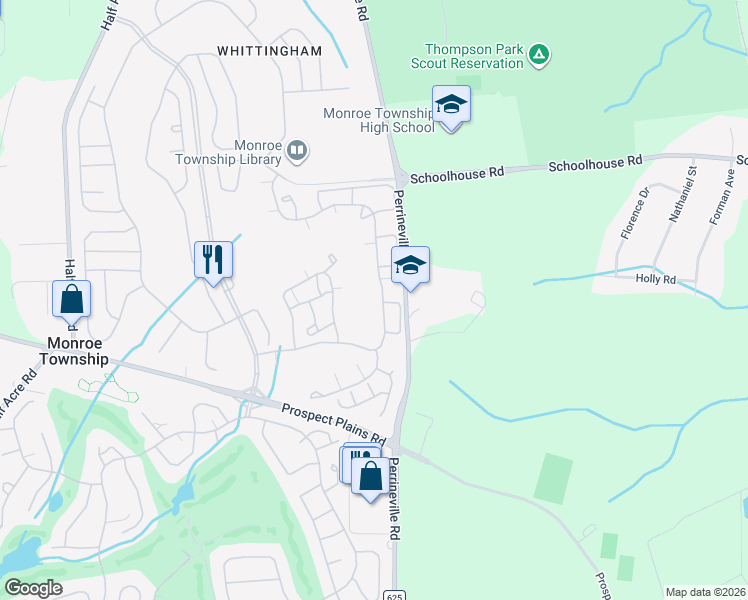 map of restaurants, bars, coffee shops, grocery stores, and more near 50C Winthrop Road in Monroe Township