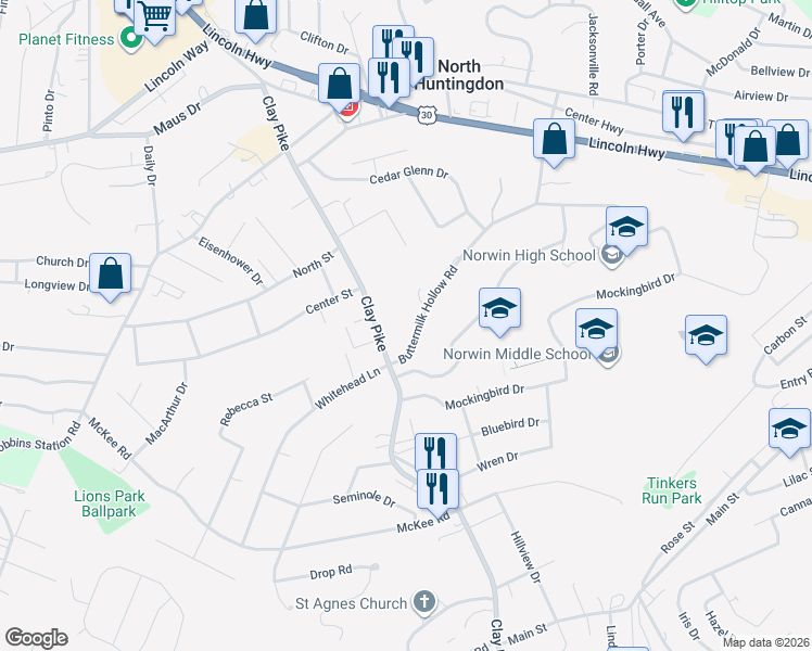 map of restaurants, bars, coffee shops, grocery stores, and more near 600 Buttermilk Hollow Road in Irwin