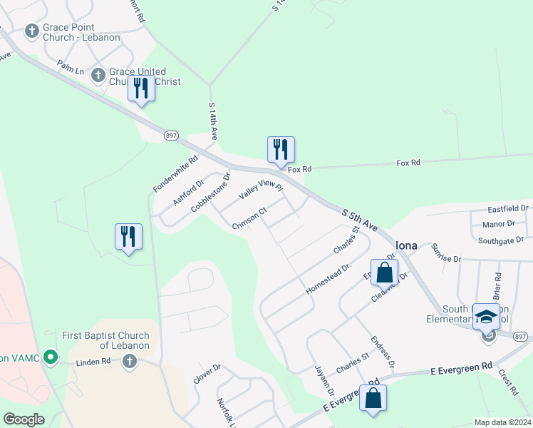 map of restaurants, bars, coffee shops, grocery stores, and more near 261 Crimson Court in Lebanon