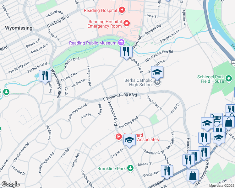 map of restaurants, bars, coffee shops, grocery stores, and more near 901 Margaret Street in Reading