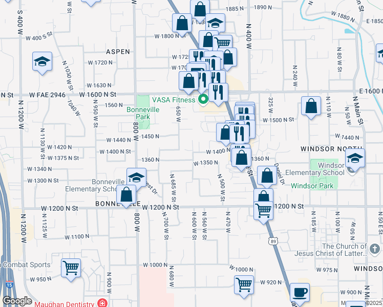 map of restaurants, bars, coffee shops, grocery stores, and more near 1393 North 600 West in Orem