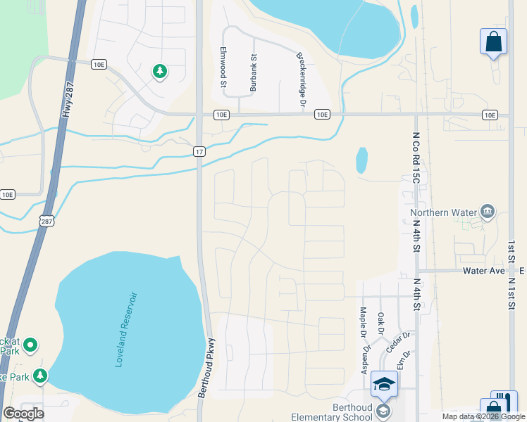 map of restaurants, bars, coffee shops, grocery stores, and more near 1064 County Road 17 in Berthoud
