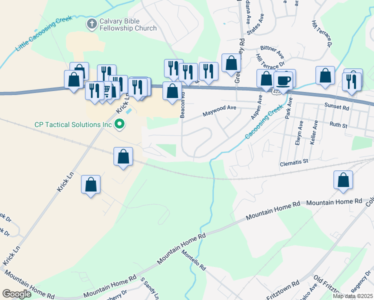 map of restaurants, bars, coffee shops, grocery stores, and more near 136 Beacon Road in Sinking Spring