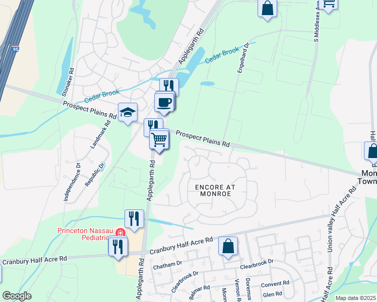 map of restaurants, bars, coffee shops, grocery stores, and more near 311 Greenleaf Way in Monroe Township