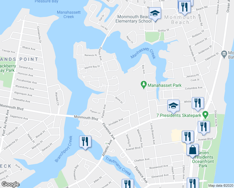 map of restaurants, bars, coffee shops, grocery stores, and more near 29 Shore Drive in Long Branch